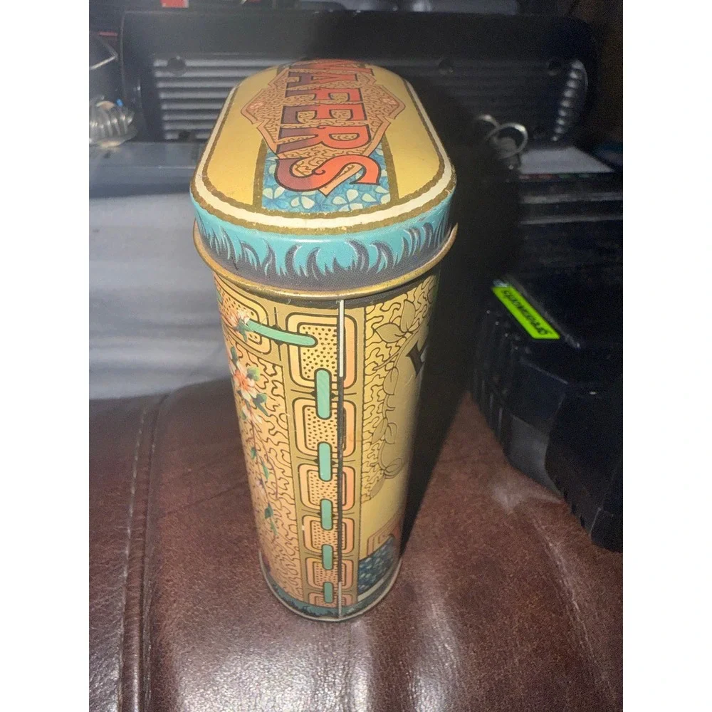 VTG Daher Ginger Wafers Biscuit Tin Metal Container Made in England Gold Teal